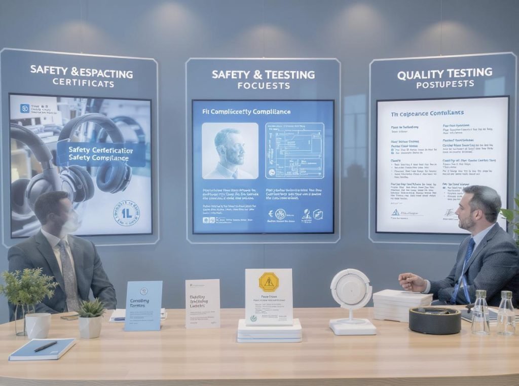 Wholesale headphone safety features display with compliance certifications and quality testing equipment