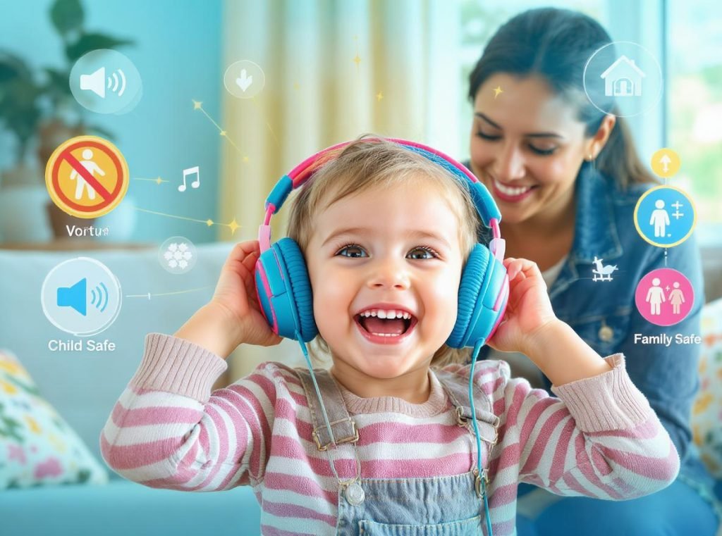 Child safely using volume-limited noise-cancelling headphones with parental supervision and safety symbols