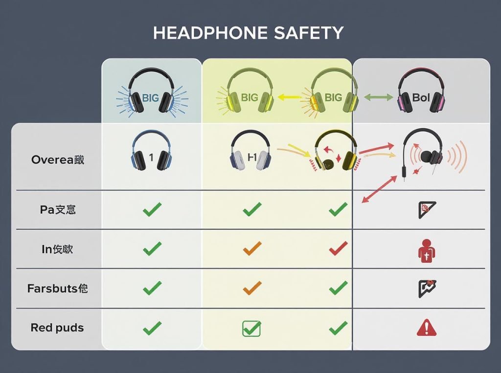 Health safety comparison of different headphone types from safest over-ear to risky in-ear models