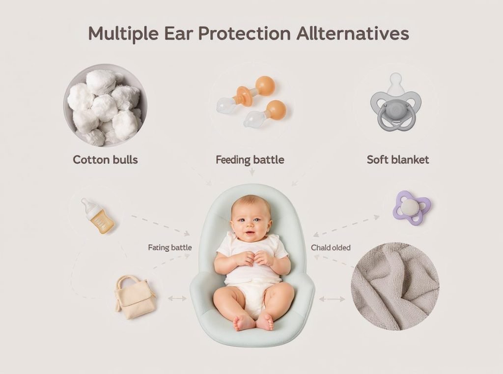 Alternative baby ear protection methods including cotton balls earplugs feeding and comfort items