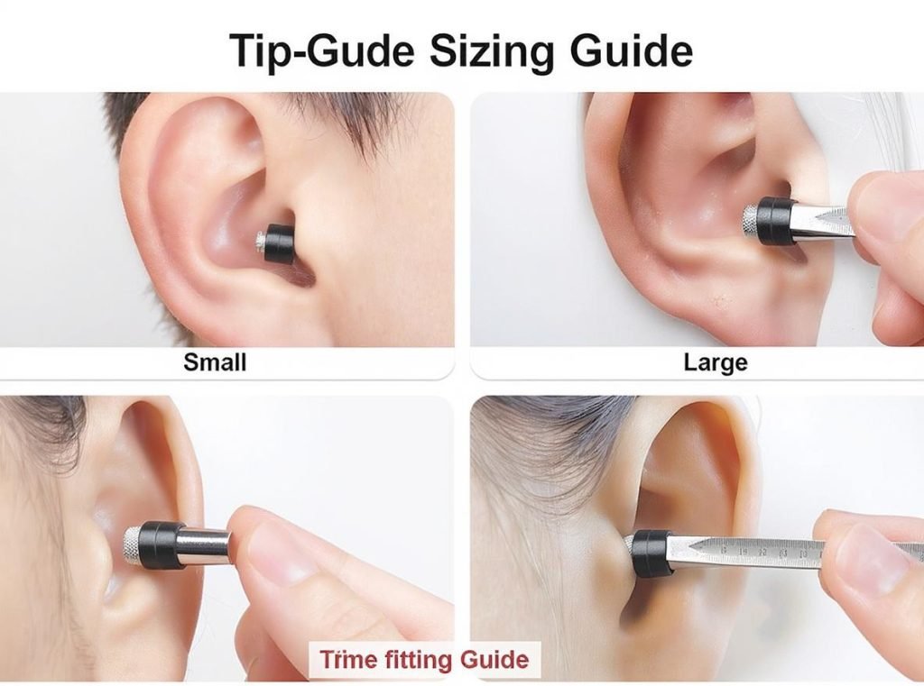 Earbud tip size selection guide showing proper fitting for different ear canal sizes
