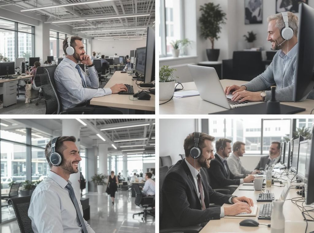 Different business scenarios showing headphone use in office, home, travel, and call center environments