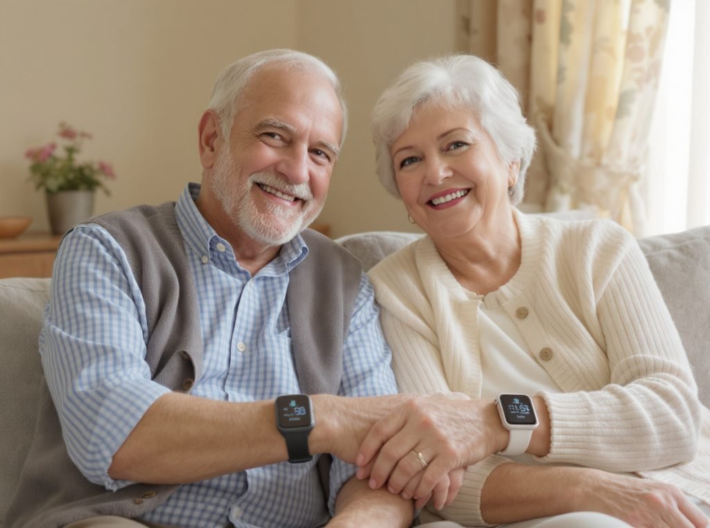Senior couple wearing smartwatches showing independence and safety in daily life