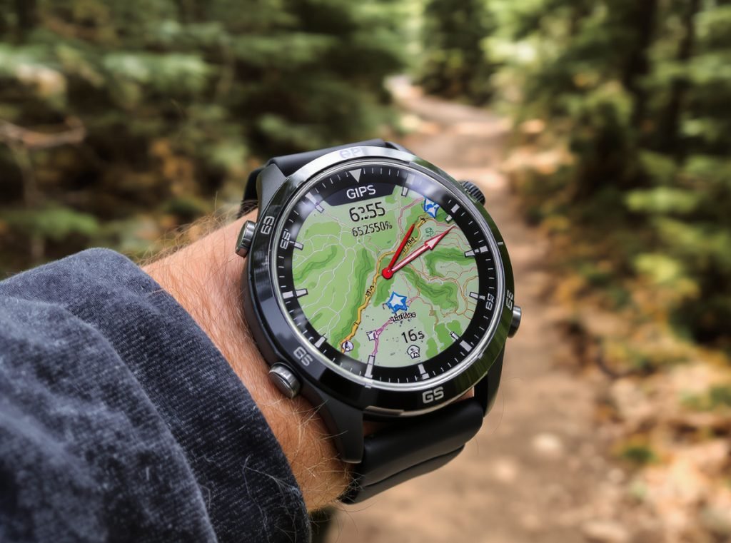 GPS smartwatch with solar charging technology extending battery life for hiking