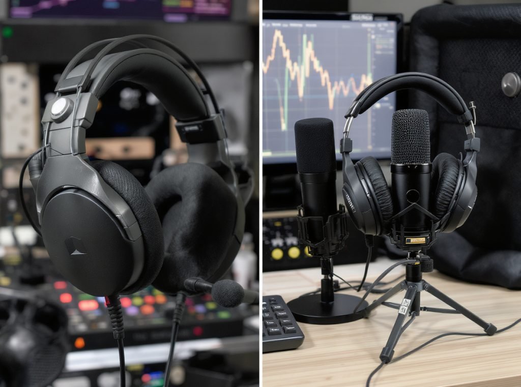 Professional headphones with microphones vs separate audio equipment setup