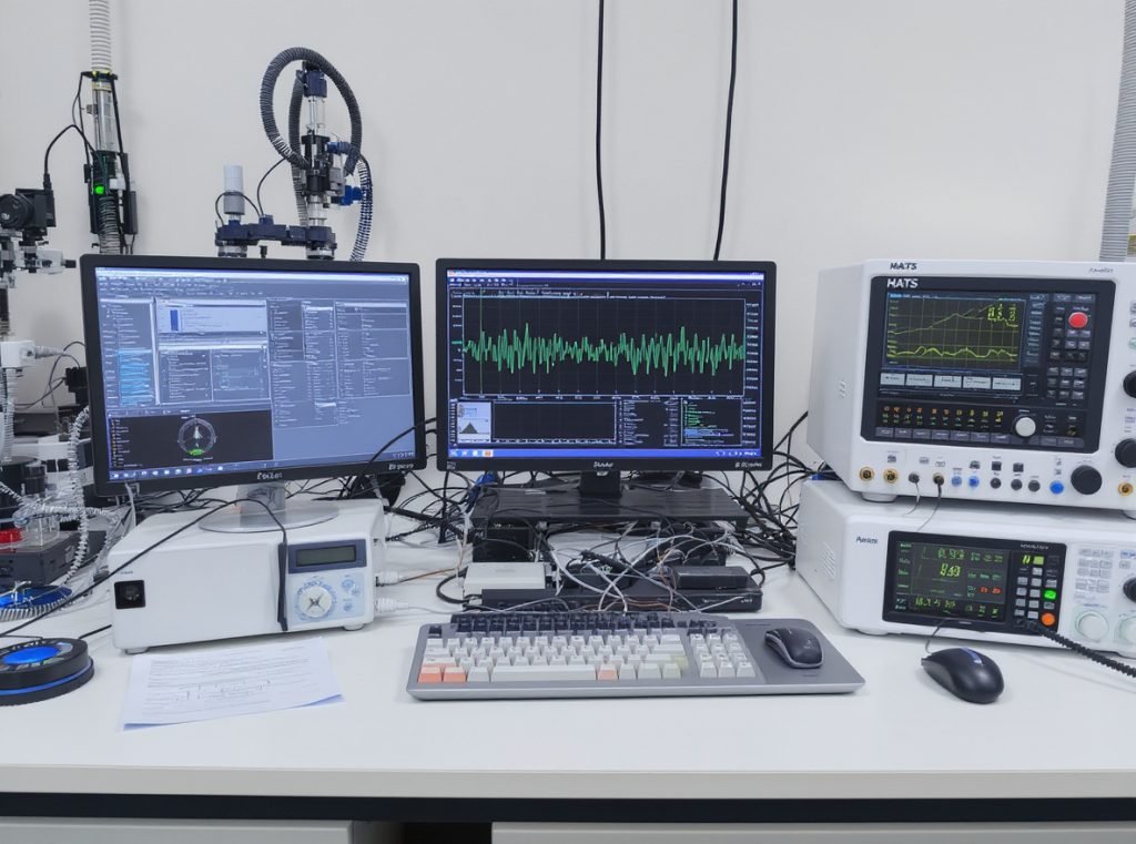 Professional ANC headphone testing laboratory with measurement equipment and analysis tools