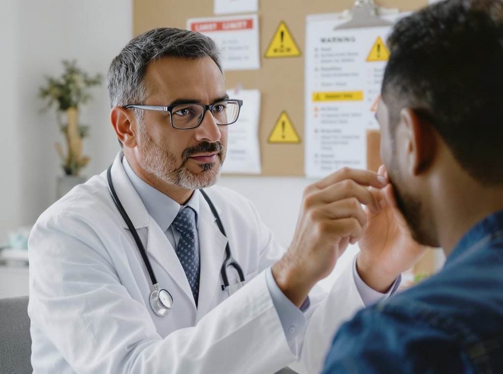 Doctor examining patient for tinnitus symptoms and hearing health