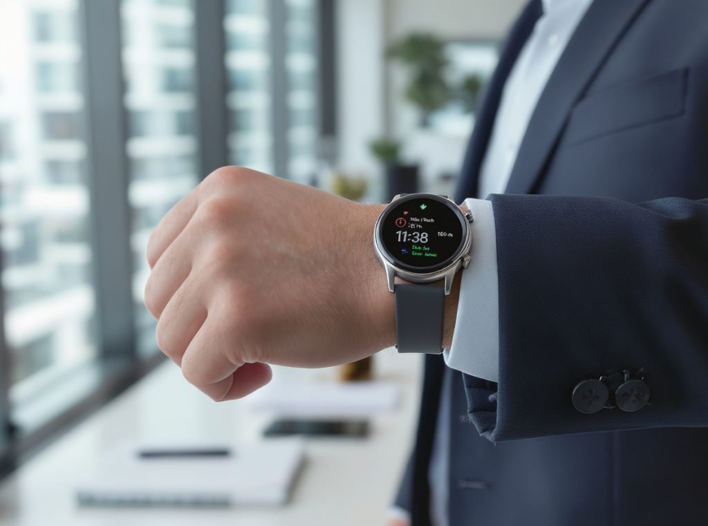 Business professional using smartwatch for corporate mobile connectivity needs
