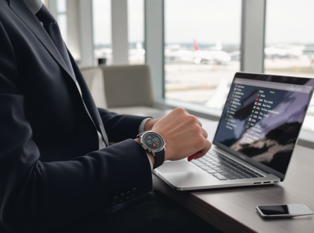 Business traveler using smartwatch airport lounge professional travel
