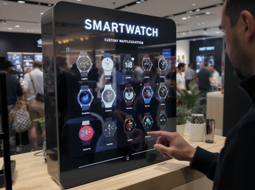 Smartwatch retail demonstration station showing watch face customization options