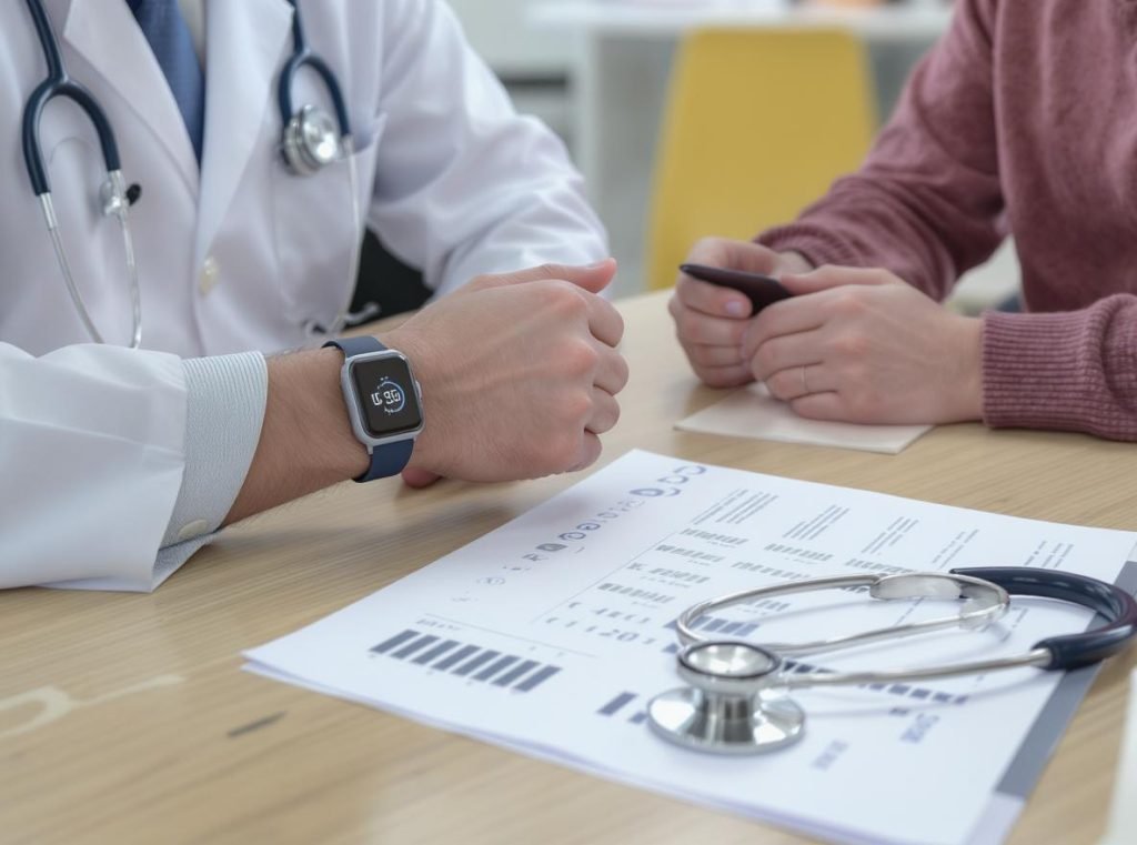 Patient discussing smartwatch use with cardiologist during medical consultation