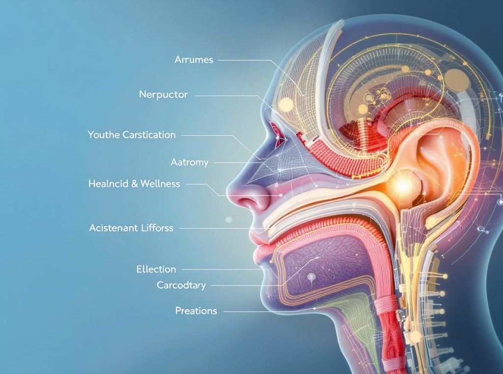 Medical illustration showing safe use of noise-cancelling headphones and ear health considerations