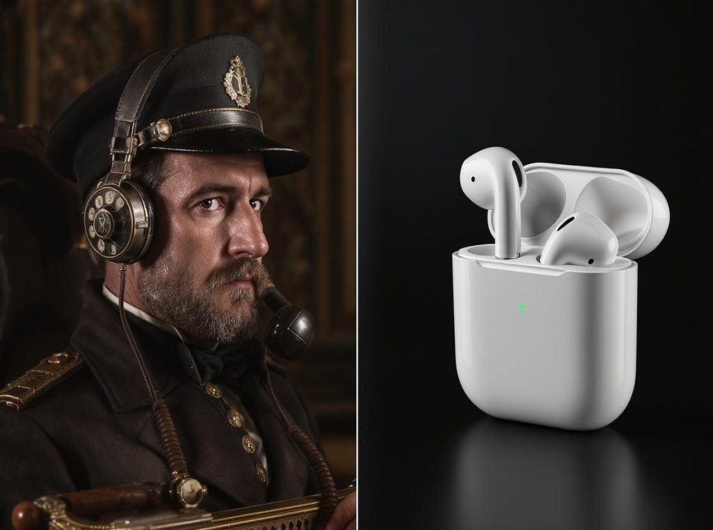 Summary comparison of 1880s telephone operator headphones versus modern wireless earbuds showing complete evolution