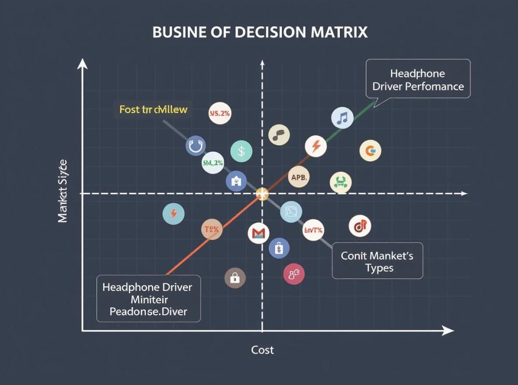 Business matrix comparing headphone driver types by cost performance and market positioning