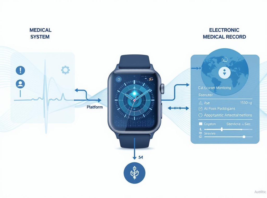 Healthcare system integration showing smartwatch connectivity with EHR systems and remote patient monitoring platforms