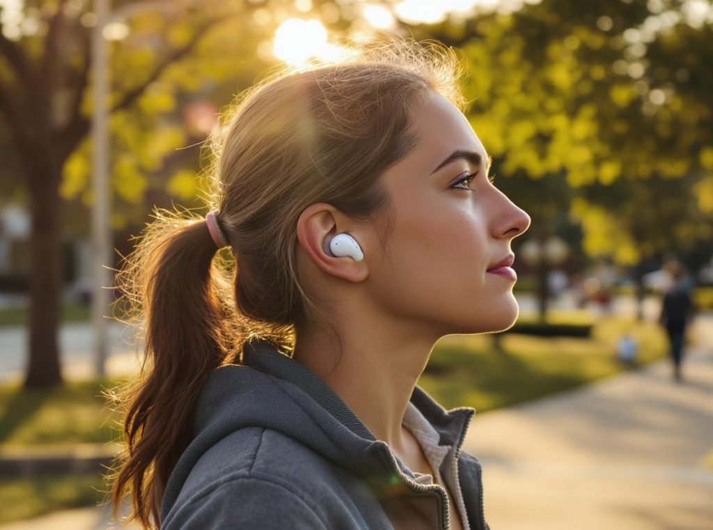 Person enjoying balanced listening experience with transparency mode in peaceful urban setting