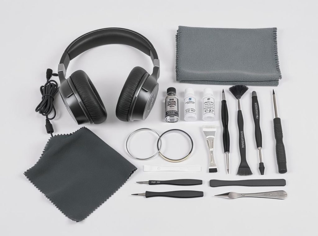 Professional headphone maintenance kit with cleaning supplies and replacement parts