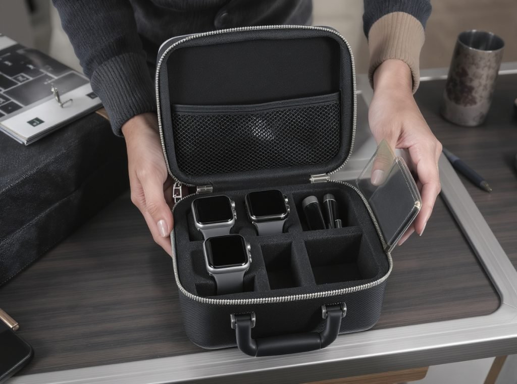 Business traveler using smartwatch airport lounge professional travel