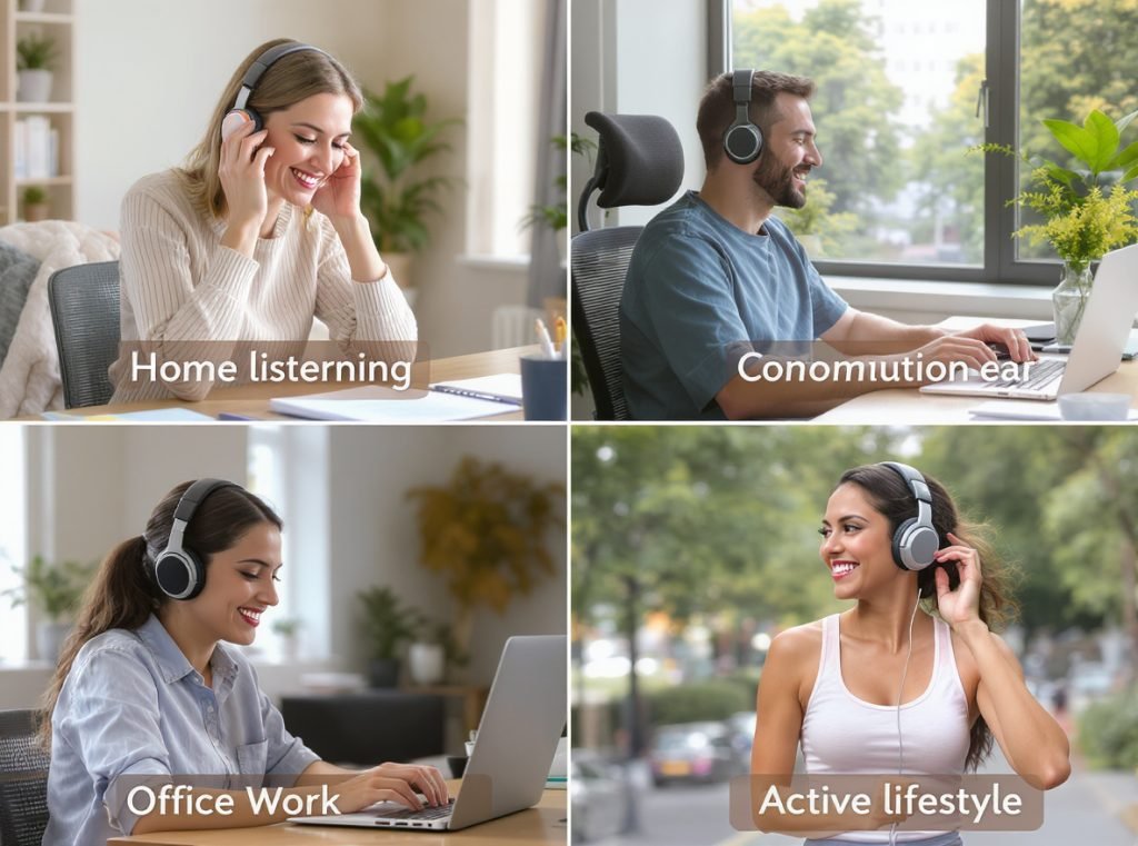 Lifestyle and activity-based headphone usage showing optimal choices for different scenarios
