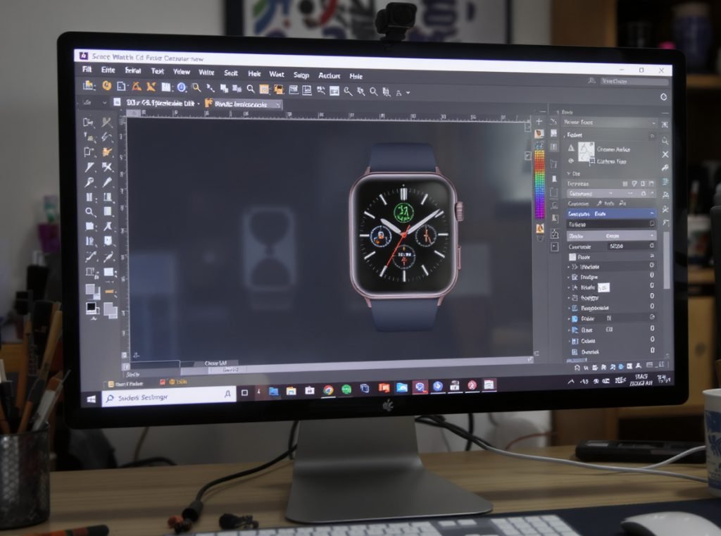 Custom watch face creation software interface with design tools and smartwatch