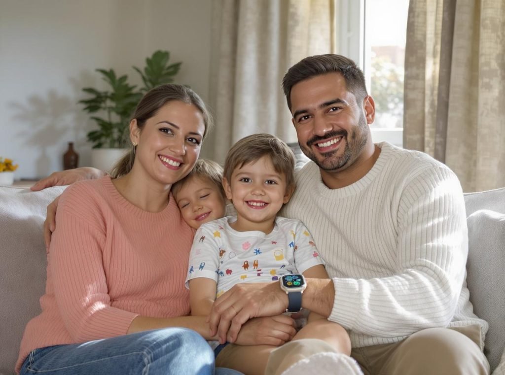 Happy family showing successful smartwatch choice for child safety and communication