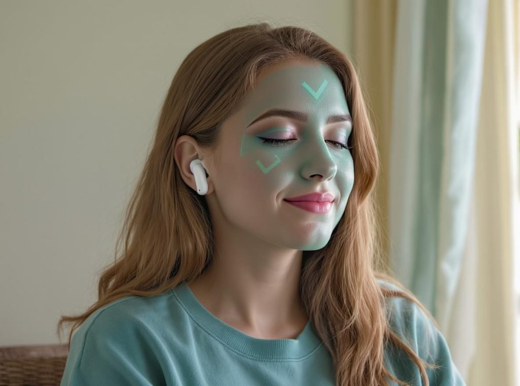 confident person wearing wireless earbuds safely with protective symbols showing minimal health risks