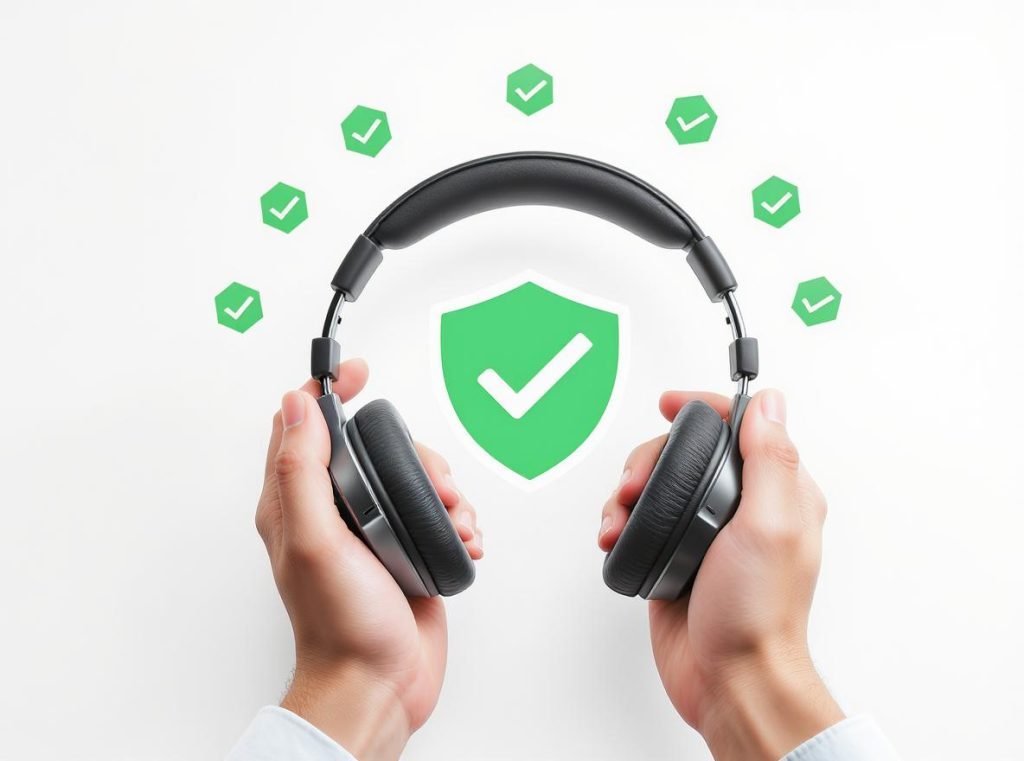 Hands holding safe noise-cancelling headphones with green checkmark and safety summary points