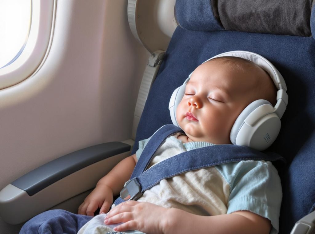 Peaceful baby sleeping safely with hearing protection during airplane flight showing successful travel