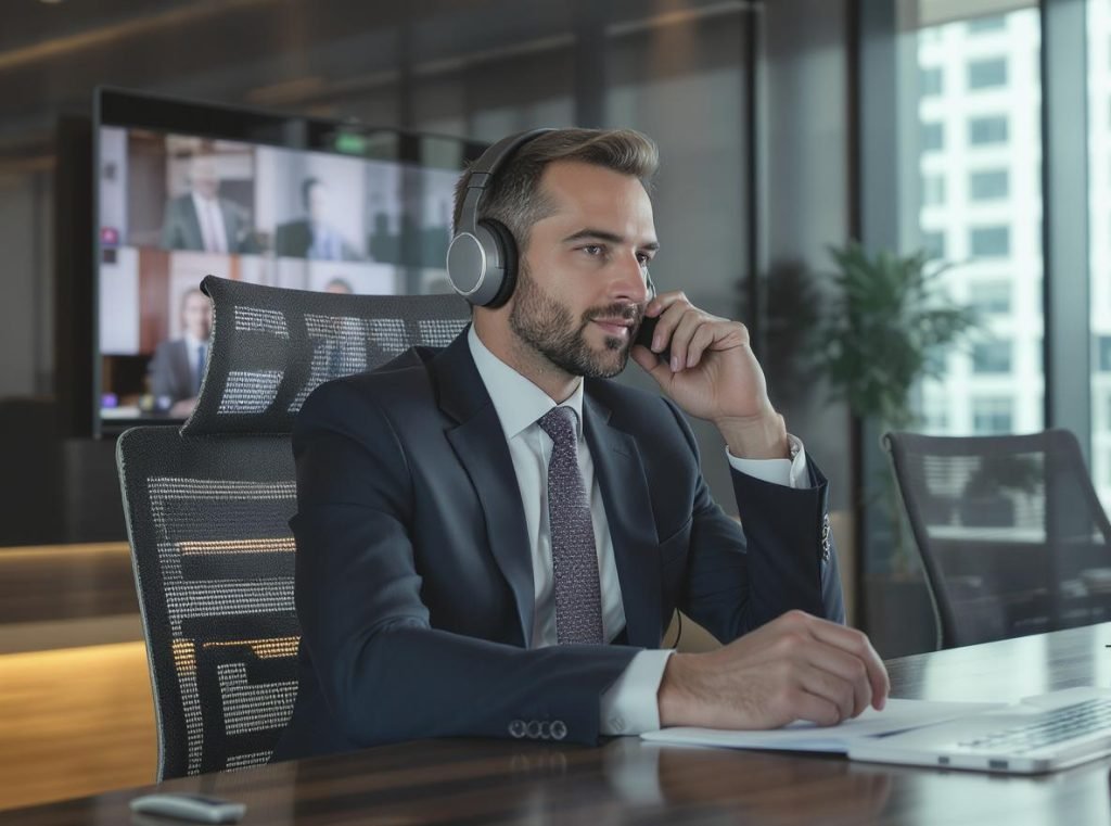 Executive using premium headphones for important business video conference in modern boardroom