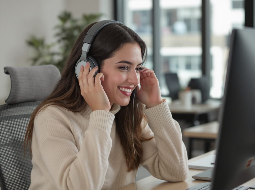 Professional using hair-safe bone conduction headphones in modern workplace