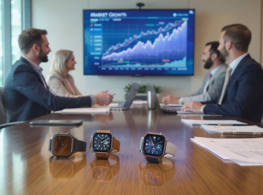 Business meeting discussing smartwatch wholesale opportunities with WhatsApp integration