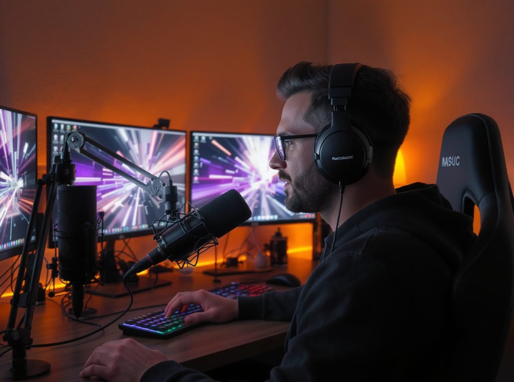 Professional content creator with quality headphones in streaming setup