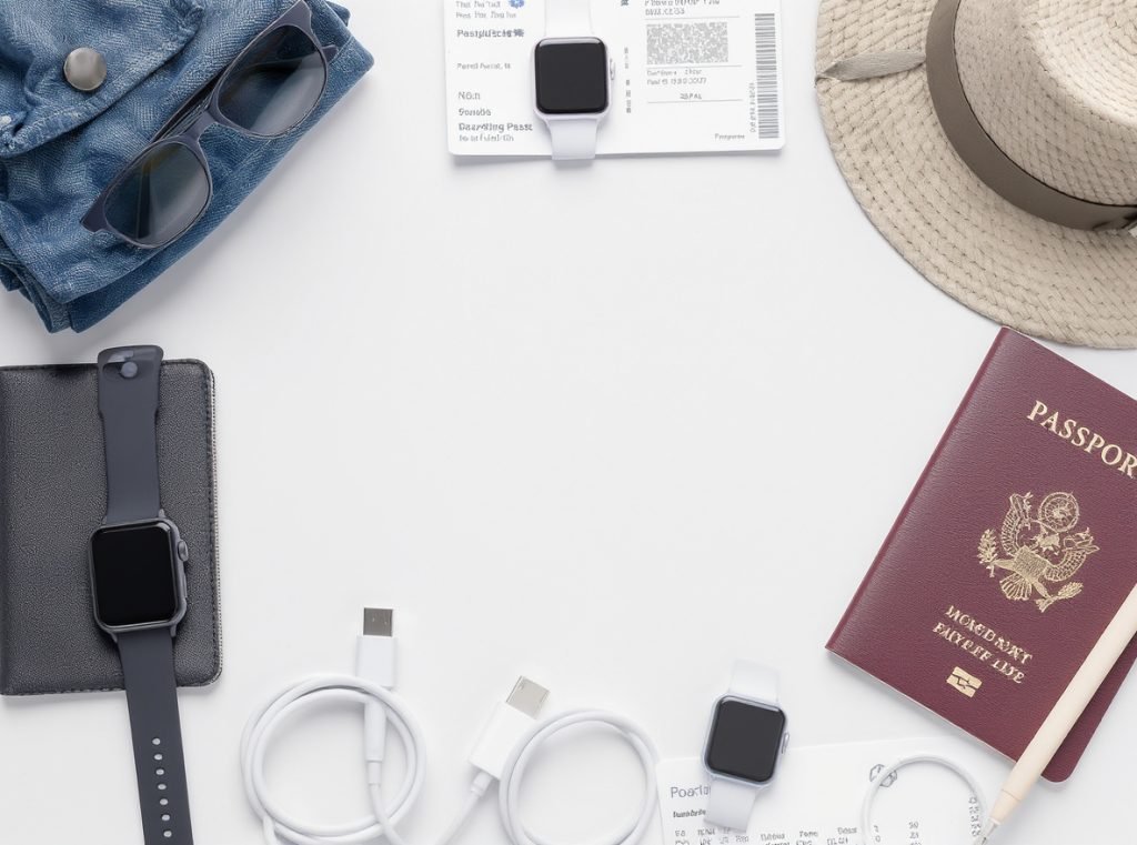 Travel preparation essentials including smartwatch and accessories