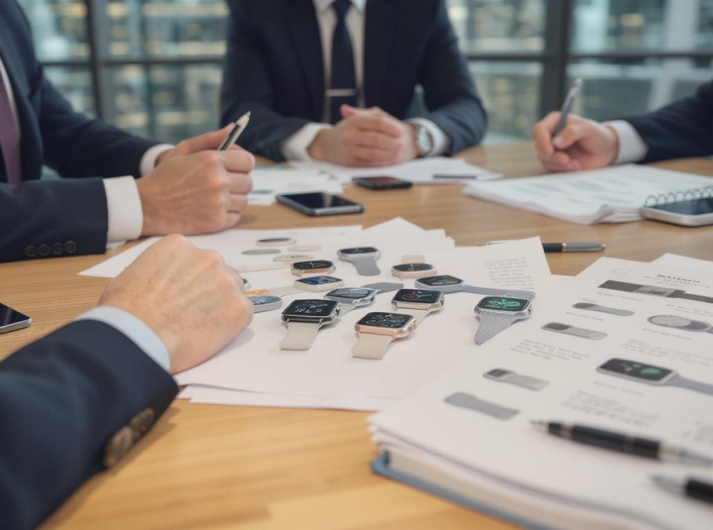 Business procurement meeting for smartwatch sleep tracking sourcing decisions