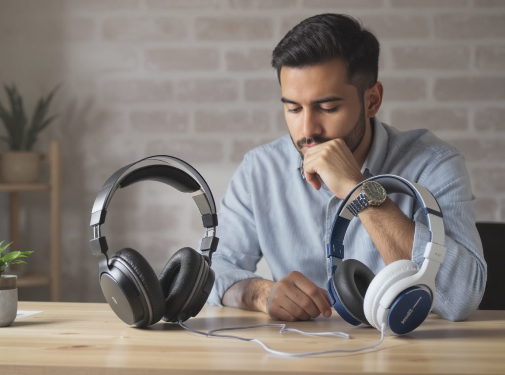 Person making decision between over-ear and on-ear headphones showing choice considerations