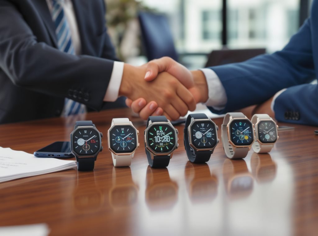 Wholesale smartwatch business meeting showing multiple watch face options