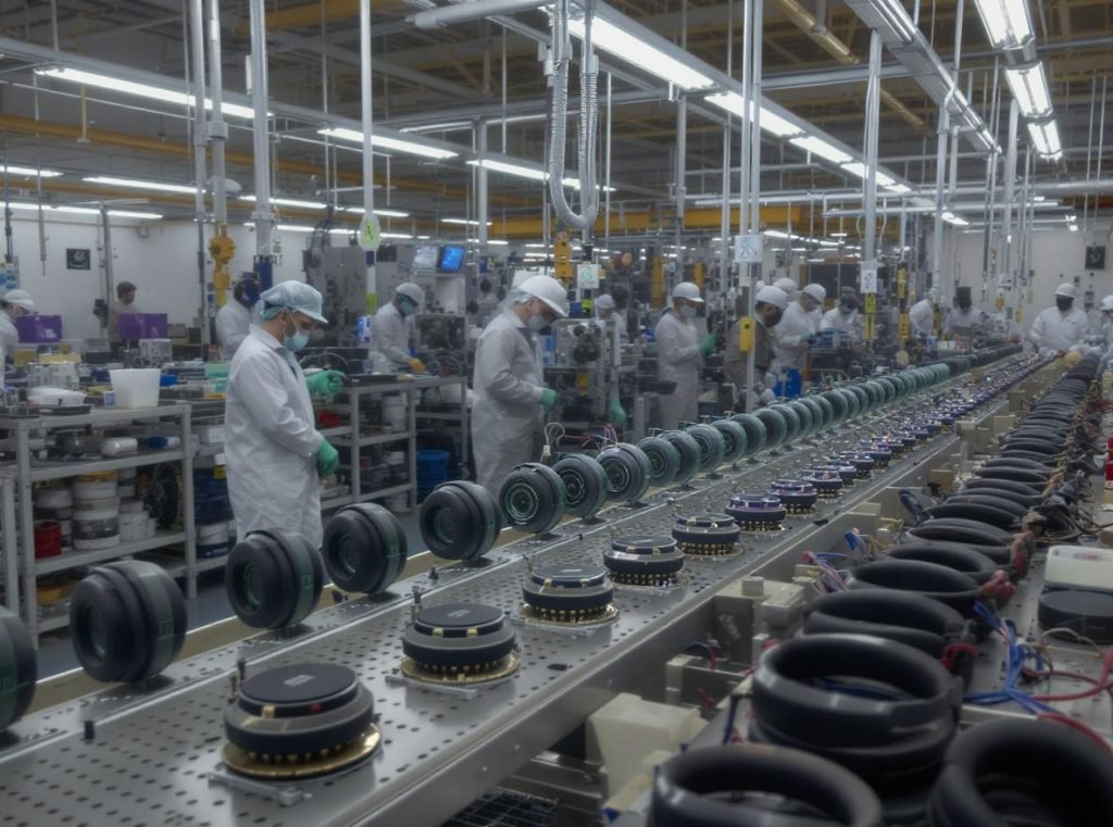 Headphone driver manufacturing facility showing production line and quality control processes