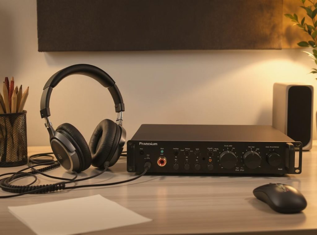 Complete professional headphone amplifier setup showing optimal audio configuration