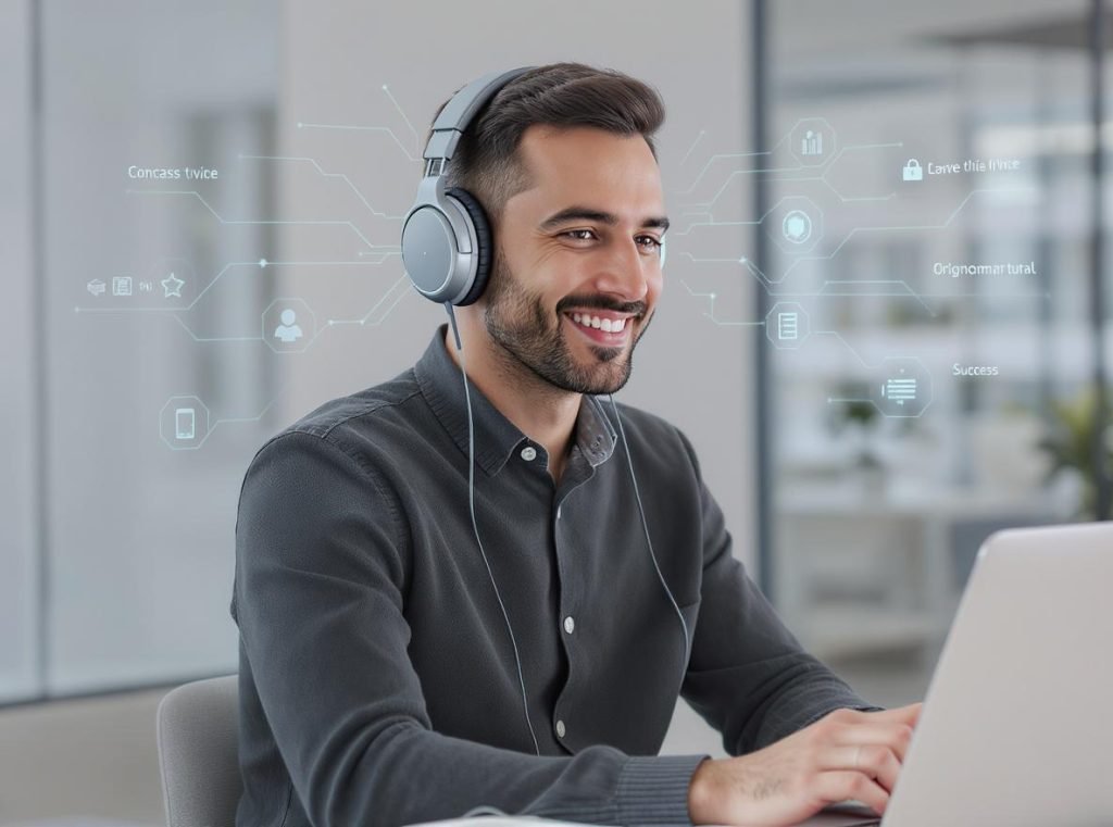 Professional using multipoint headphones with multiple connected devices