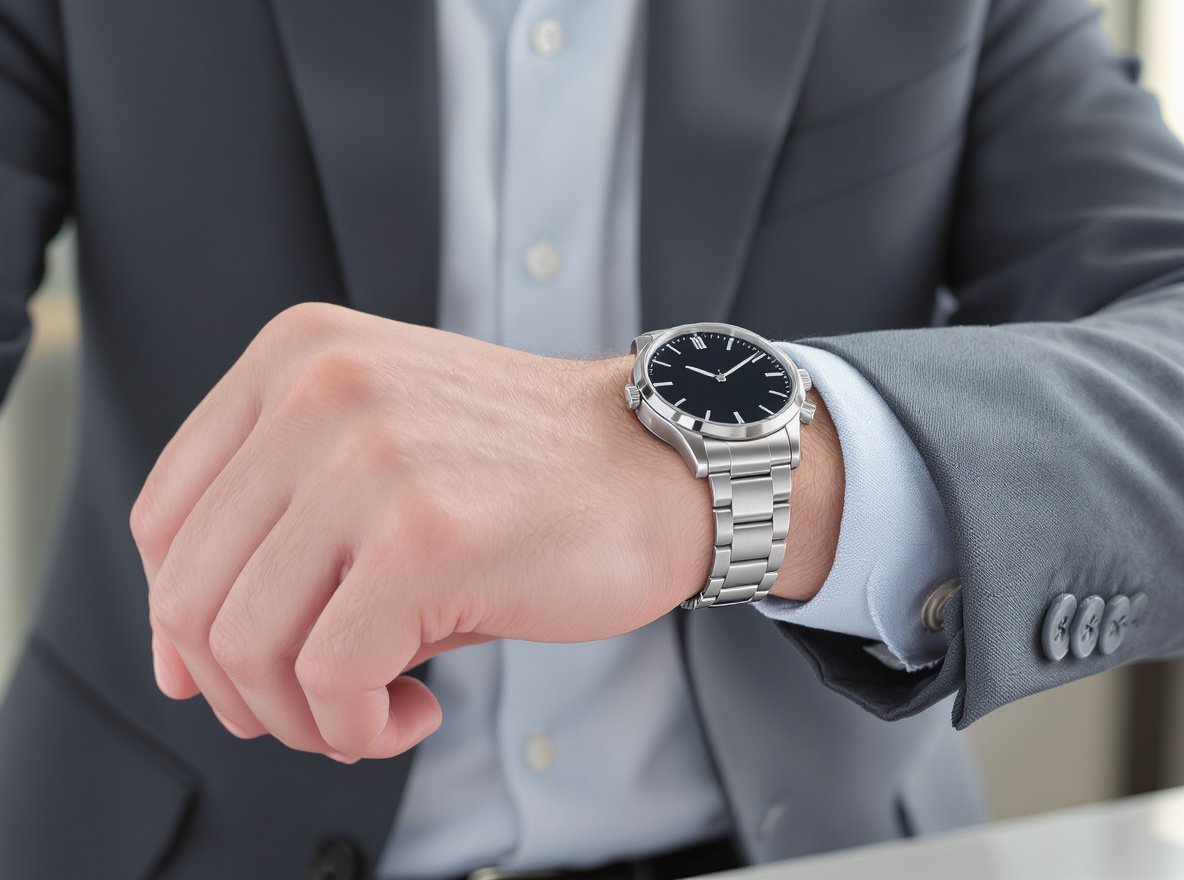Man wearing comfortable titanium metal smartwatch band in professional office setting