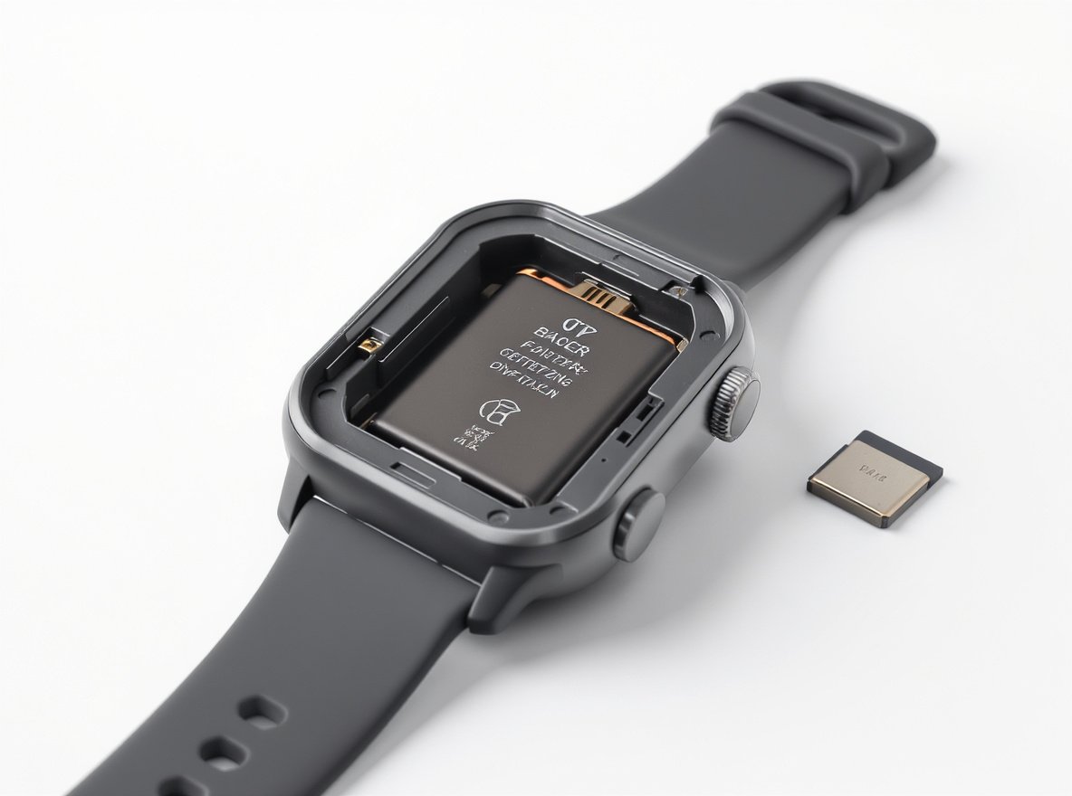 Smartwatch with opened back panel showing internal battery and replacement components