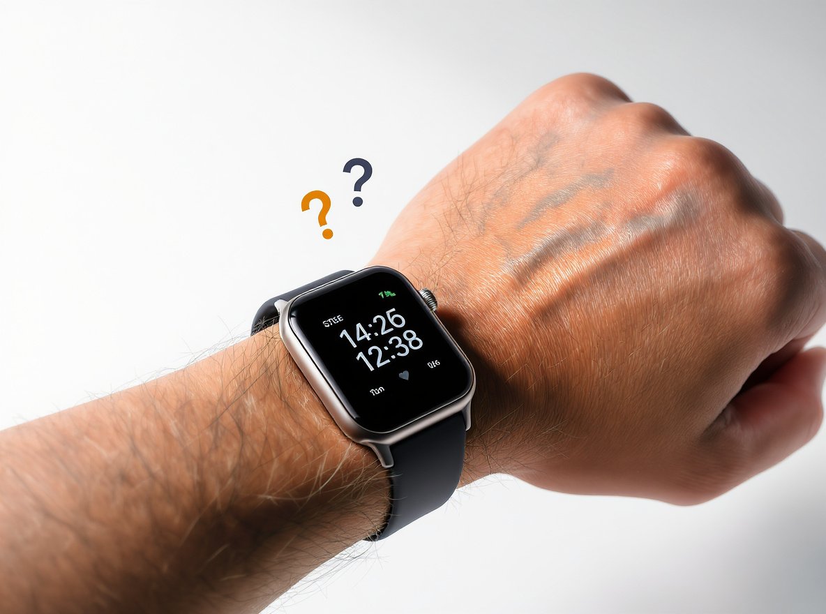 Person checking inaccurate step count on smartwatch with confusion