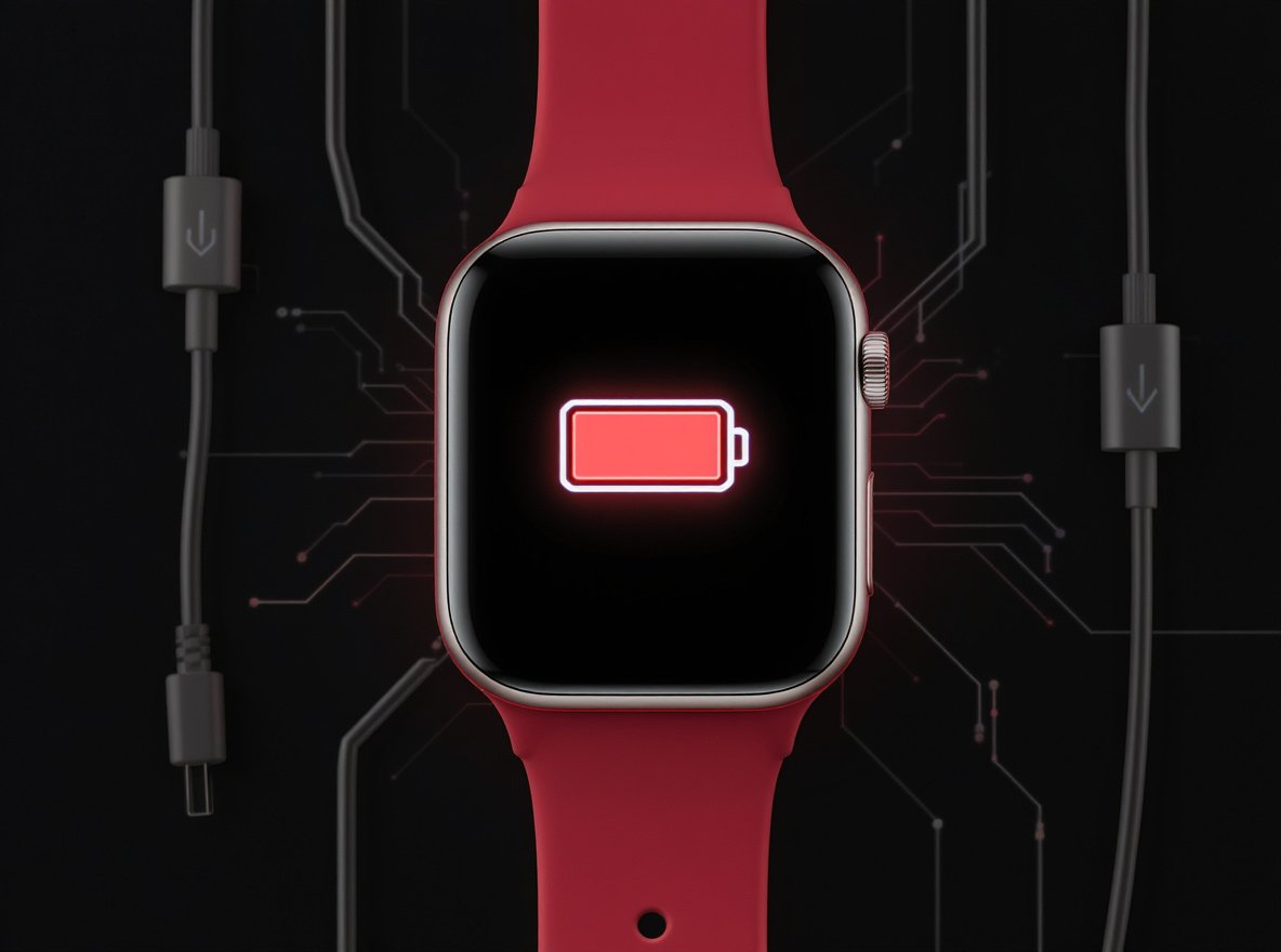 Smartwatch showing low battery warning with charging accessories