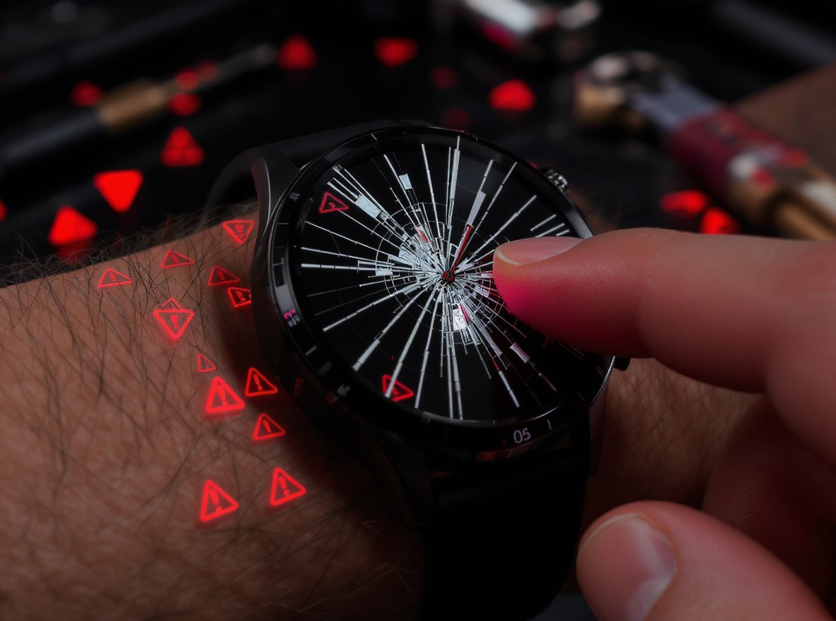 Smartwatch with broken touchscreen showing common screen failure problems requiring repair