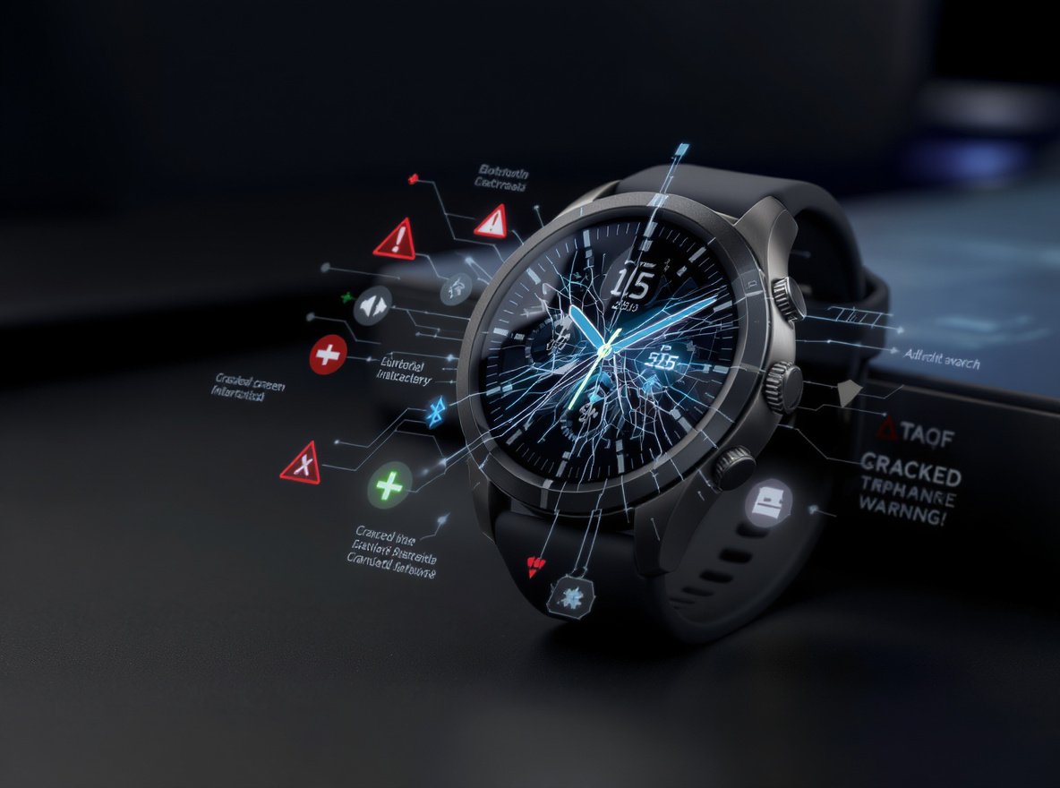Common smartwatch issues and problems infographic showing battery, connectivity, charging, and software failures