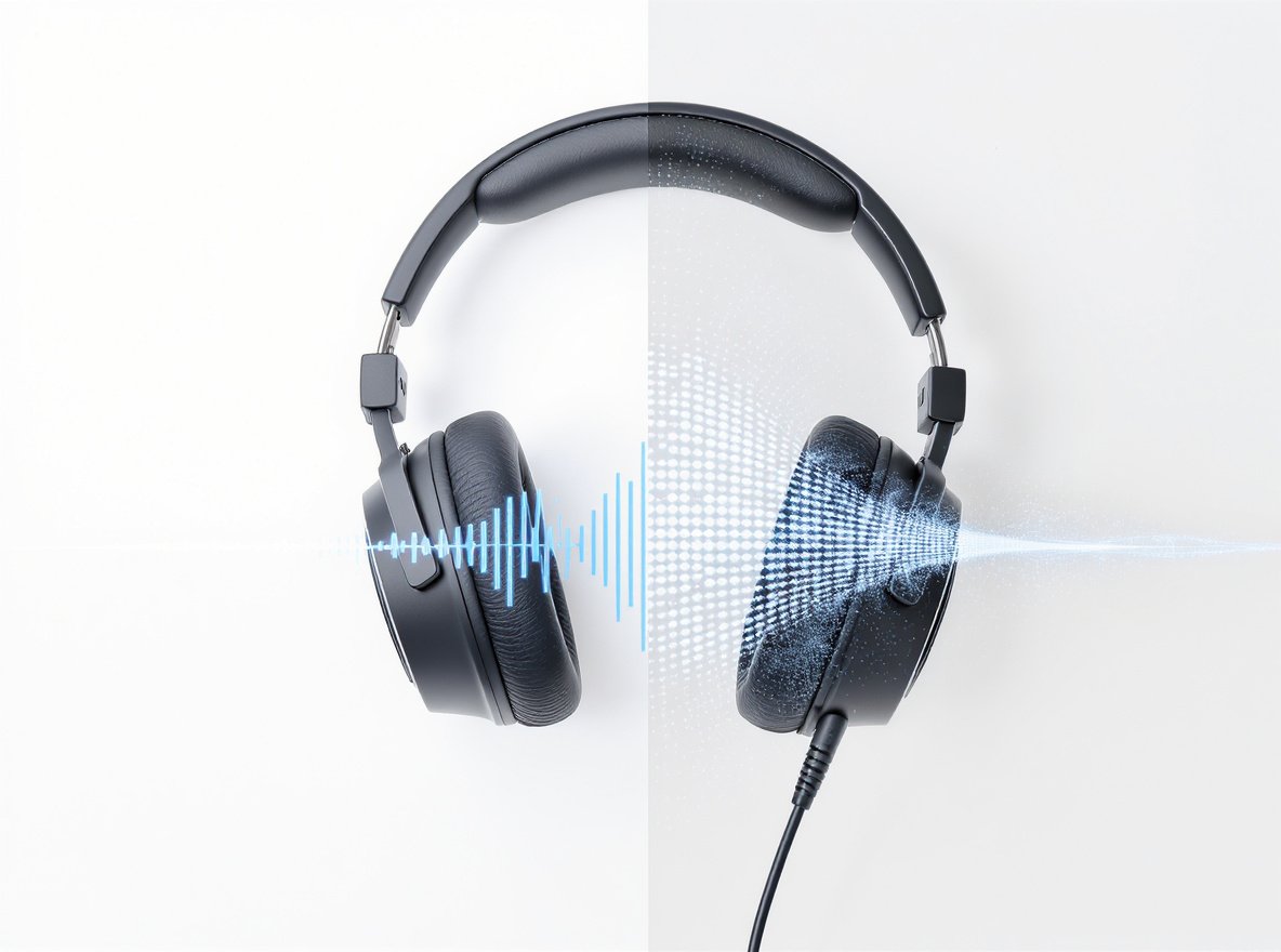 Headphones with clear vs muffled sound waves comparison