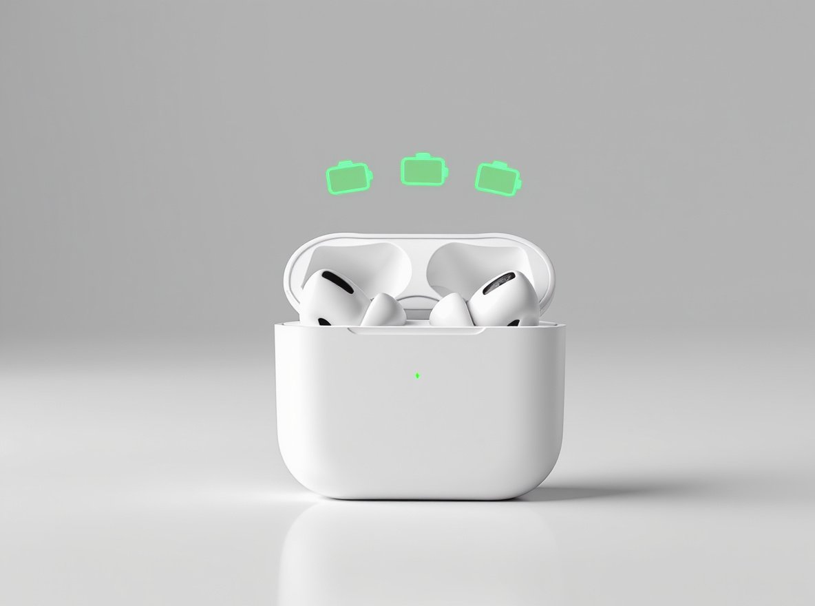 TWS earbuds in charging case with battery life optimization symbols