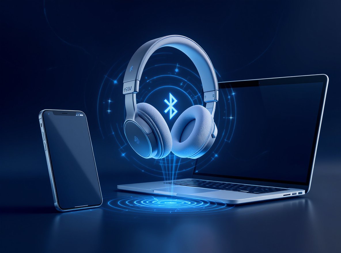 Bluetooth multipoint headphones connecting to smartphone and laptop simultaneously with wireless connection waves
