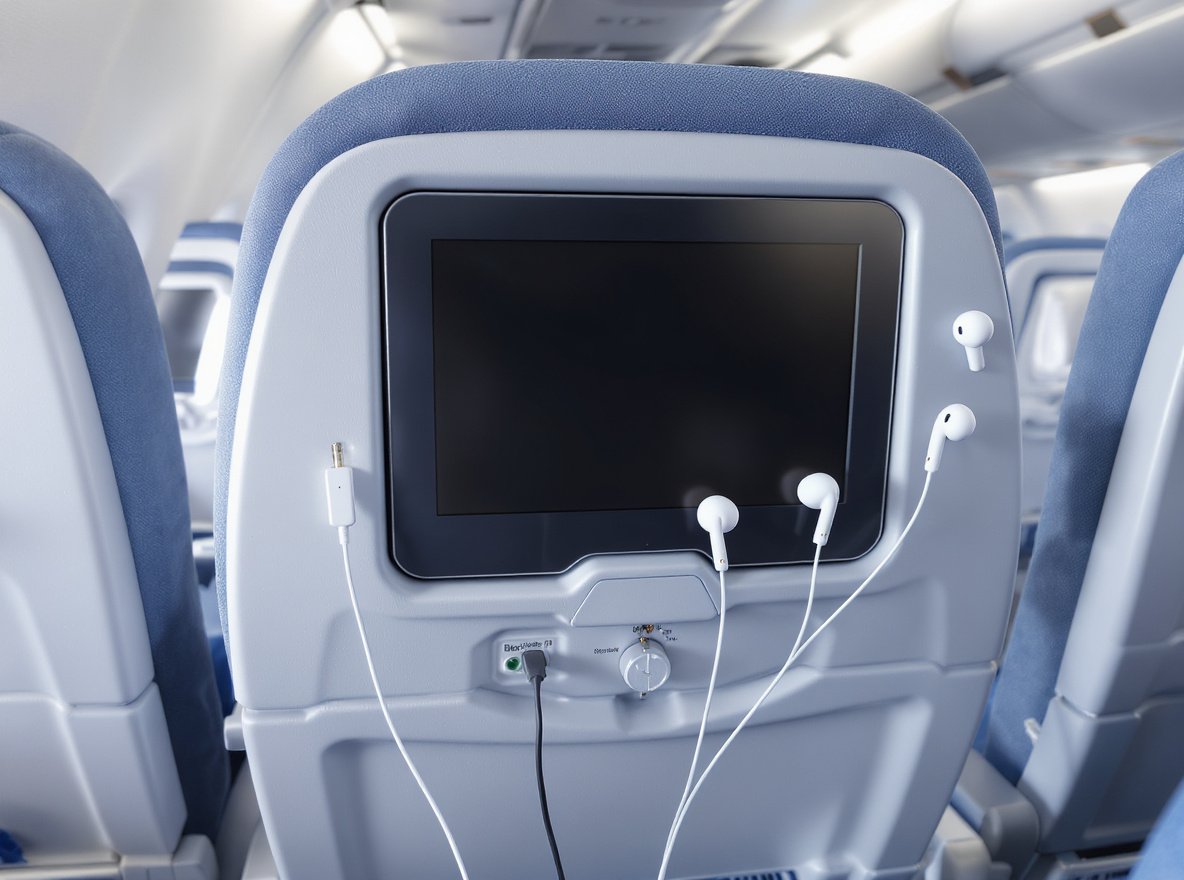 Bluetooth adapter connecting wireless earbuds to airplane entertainment system