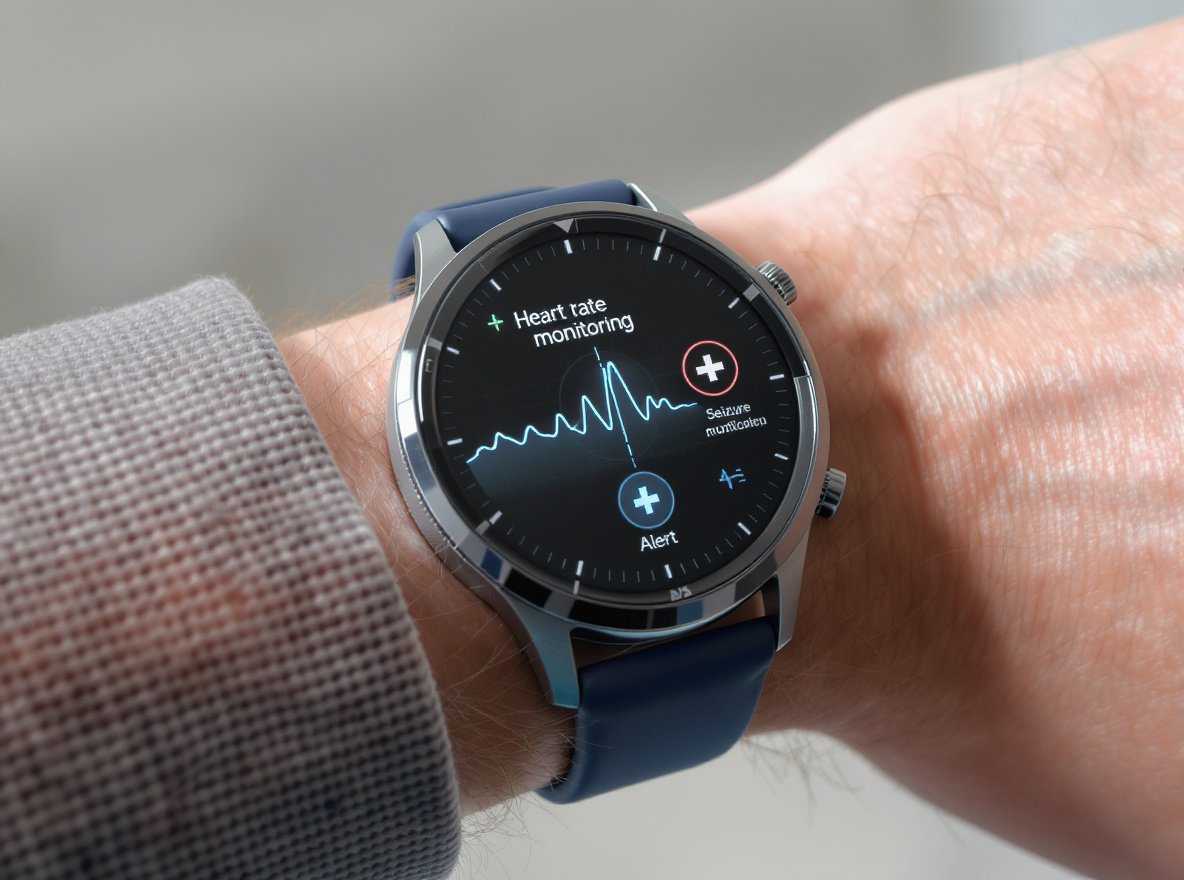 Modern smartwatch displaying seizure detection interface with health monitoring sensors